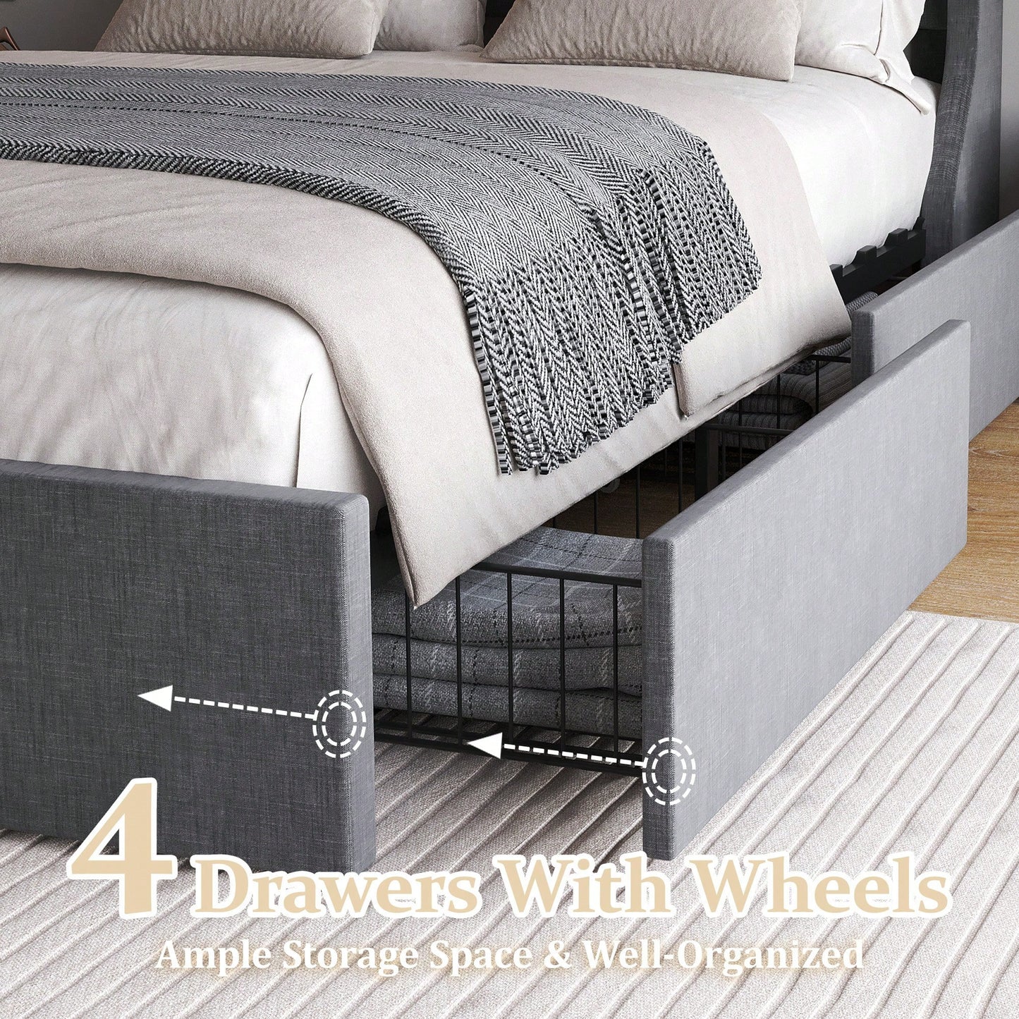 Elegant Light Grey Full Size Bed Frame With Wingback Headboard And 4 Storage Drawers, Button Tufted Design