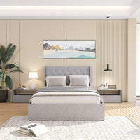 Elegant Light Grey Full Size Bed Frame With Wingback Headboard And 4 Storage Drawers, Button Tufted Design