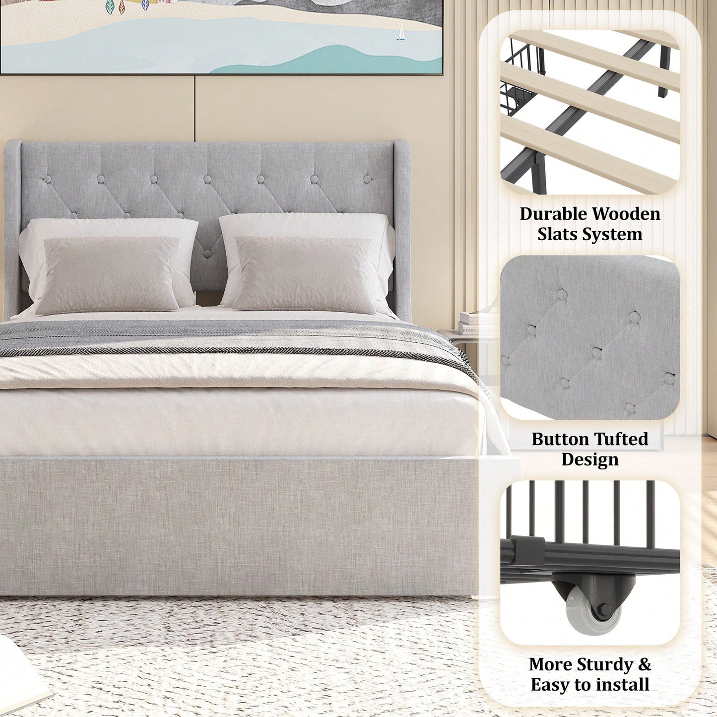 Elegant Light Grey Full Size Bed Frame With Wingback Headboard And 4 Storage Drawers, Button Tufted Design