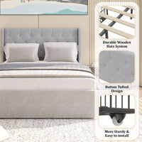 Elegant Light Grey Full Size Bed Frame With Wingback Headboard And 4 Storage Drawers, Button Tufted Design