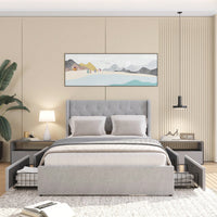 Elegant Light Grey Full Size Bed Frame With Wingback Headboard And 4 Storage Drawers, Button Tufted Design