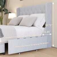 Elegant Light Grey Full Size Bed Frame With Wingback Headboard And 4 Storage Drawers, Button Tufted Design