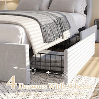 Elegant Light Grey Full Size Bed Frame With Wingback Headboard And 4 Storage Drawers, Button Tufted Design