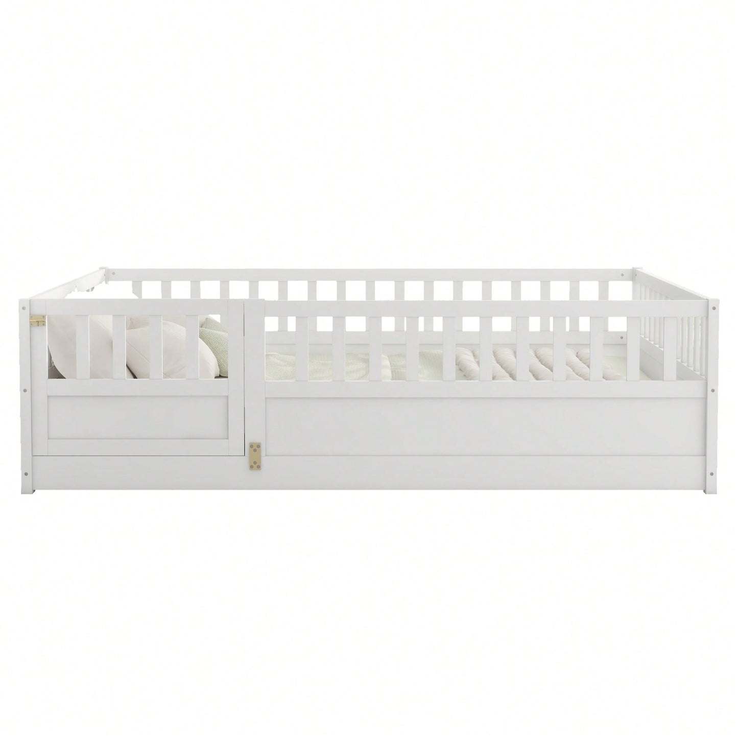 Montessori Style Full Size Floor Bed With High Security Barrier And Door, Wooden Children's Bed Frame With Support Slats In White