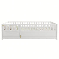 Montessori Style Full Size Floor Bed With High Security Barrier And Door, Wooden Children's Bed Frame With Support Slats In White