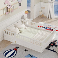 Montessori Style Full Size Floor Bed With High Security Barrier And Door, Wooden Children's Bed Frame With Support Slats In White