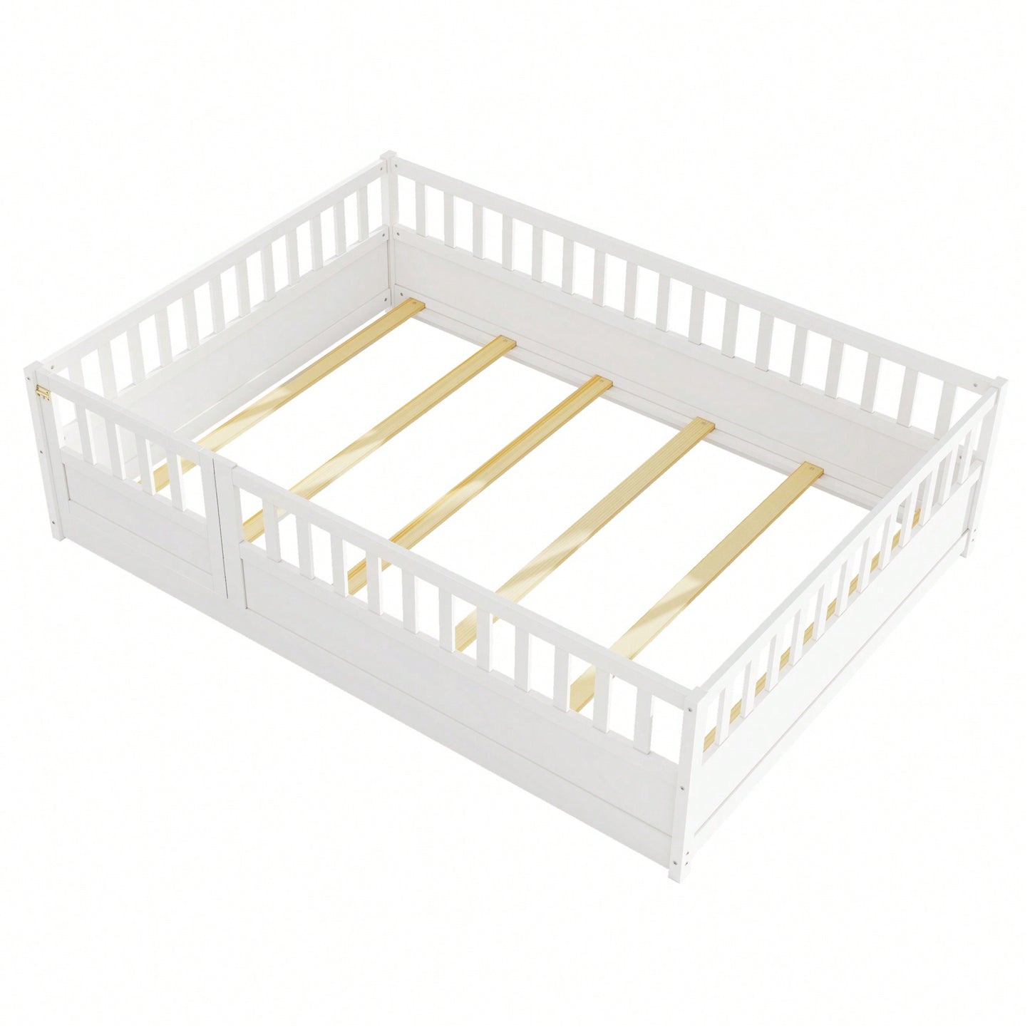 Montessori Style Full Size Floor Bed With High Security Barrier And Door, Wooden Children's Bed Frame With Support Slats In White