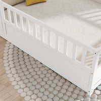 Montessori Style Full Size Floor Bed With High Security Barrier And Door, Wooden Children's Bed Frame With Support Slats In White