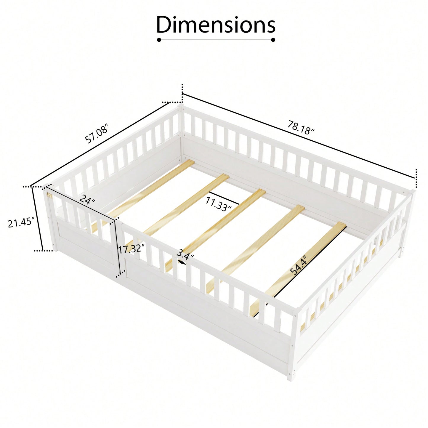 Montessori Style Full Size Floor Bed With High Security Barrier And Door, Wooden Children's Bed Frame With Support Slats In White