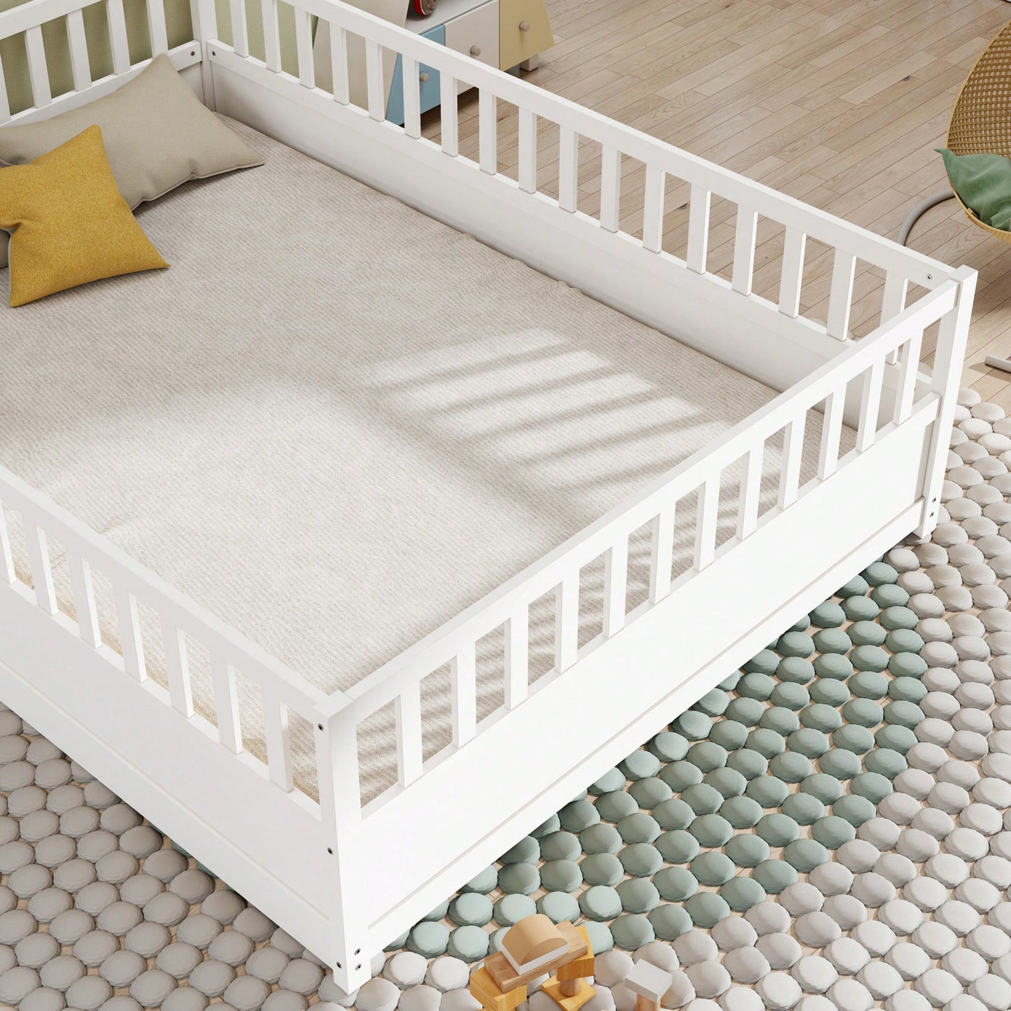 Montessori Style Full Size Floor Bed With High Security Barrier And Door, Wooden Children's Bed Frame With Support Slats In White