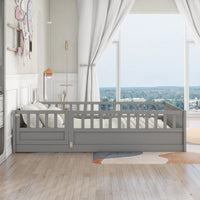 Montessori Style Full Size Floor Bed With High Security Barrier And Door, Wooden Children's Bed Frame With Support Slats In White