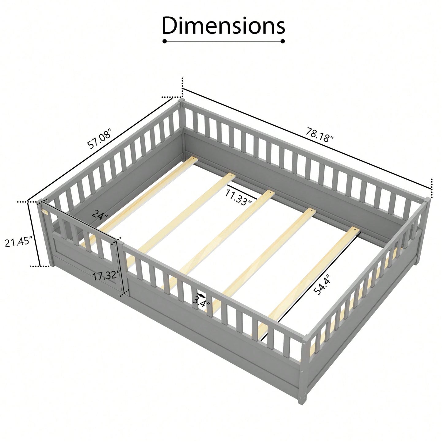 Montessori Style Full Size Floor Bed With High Security Barrier And Door, Wooden Children's Bed Frame With Support Slats In White