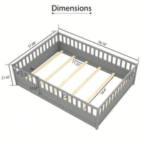 Montessori Style Full Size Floor Bed With High Security Barrier And Door, Wooden Children's Bed Frame With Support Slats In White