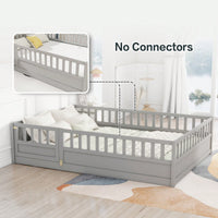 Montessori Style Full Size Floor Bed With High Security Barrier And Door, Wooden Children's Bed Frame With Support Slats In White