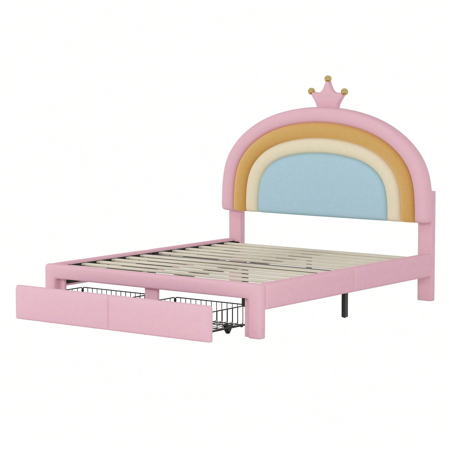 Vibrant Velvet Rainbow Design Upholstered Platform Bed With Storage Drawer, Colorful Pink Bedroom Furniture, No Box Spring Required