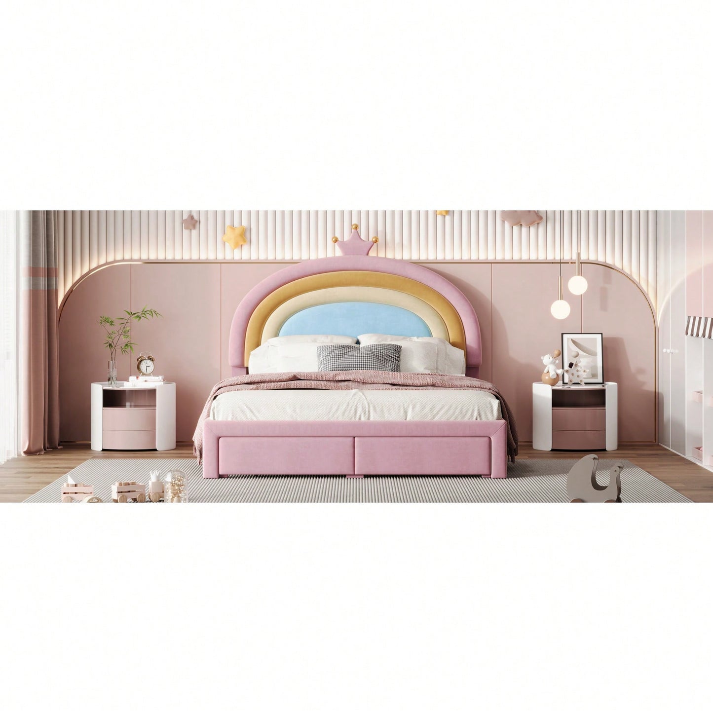 Vibrant Velvet Rainbow Design Upholstered Platform Bed With Storage Drawer, Colorful Pink Bedroom Furniture, No Box Spring Required