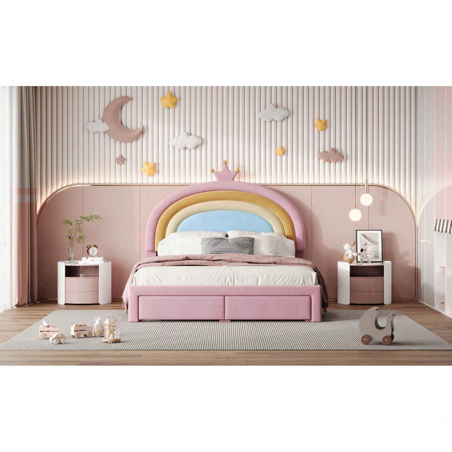 Vibrant Velvet Rainbow Design Upholstered Platform Bed With Storage Drawer, Colorful Pink Bedroom Furniture, No Box Spring Required