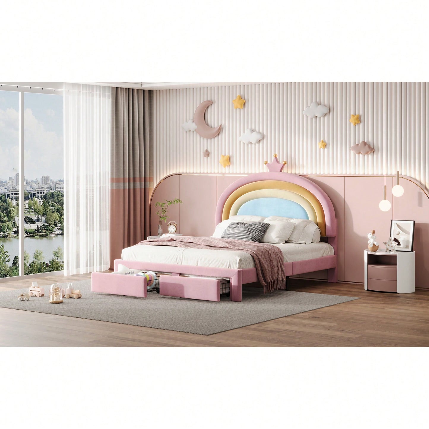 Vibrant Velvet Rainbow Design Upholstered Platform Bed With Storage Drawer, Colorful Pink Bedroom Furniture, No Box Spring Required