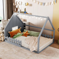 Wooden House Bed With Window And Fence In Gray For Kids Room