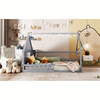 Wooden House Bed With Window And Fence In Gray For Kids Room