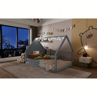 Wooden House Bed With Window And Fence In Gray For Kids Room