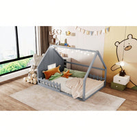 Wooden House Bed With Window And Fence In Gray For Kids Room