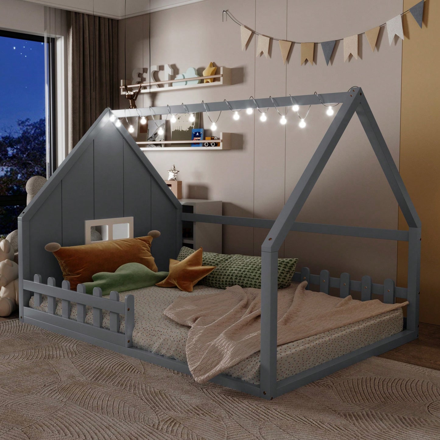 Wooden House Bed With Window And Fence In Gray For Kids Room