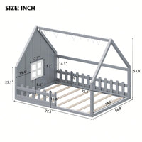 Wooden House Bed With Window And Fence In Gray For Kids Room