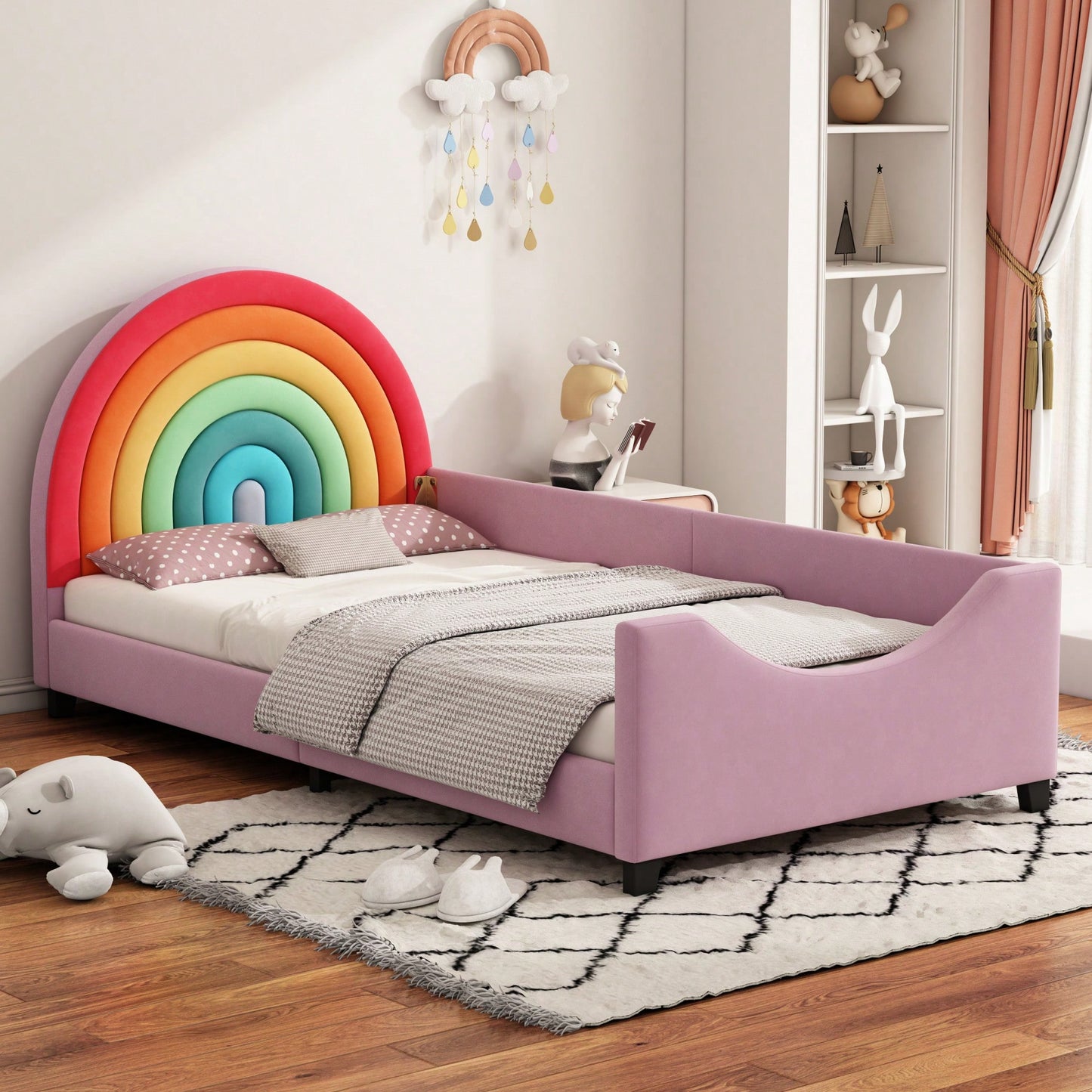 Colorful Rainbow Twin Daybed Low Profile Design Stylish Princess Bed For Kids And Teens