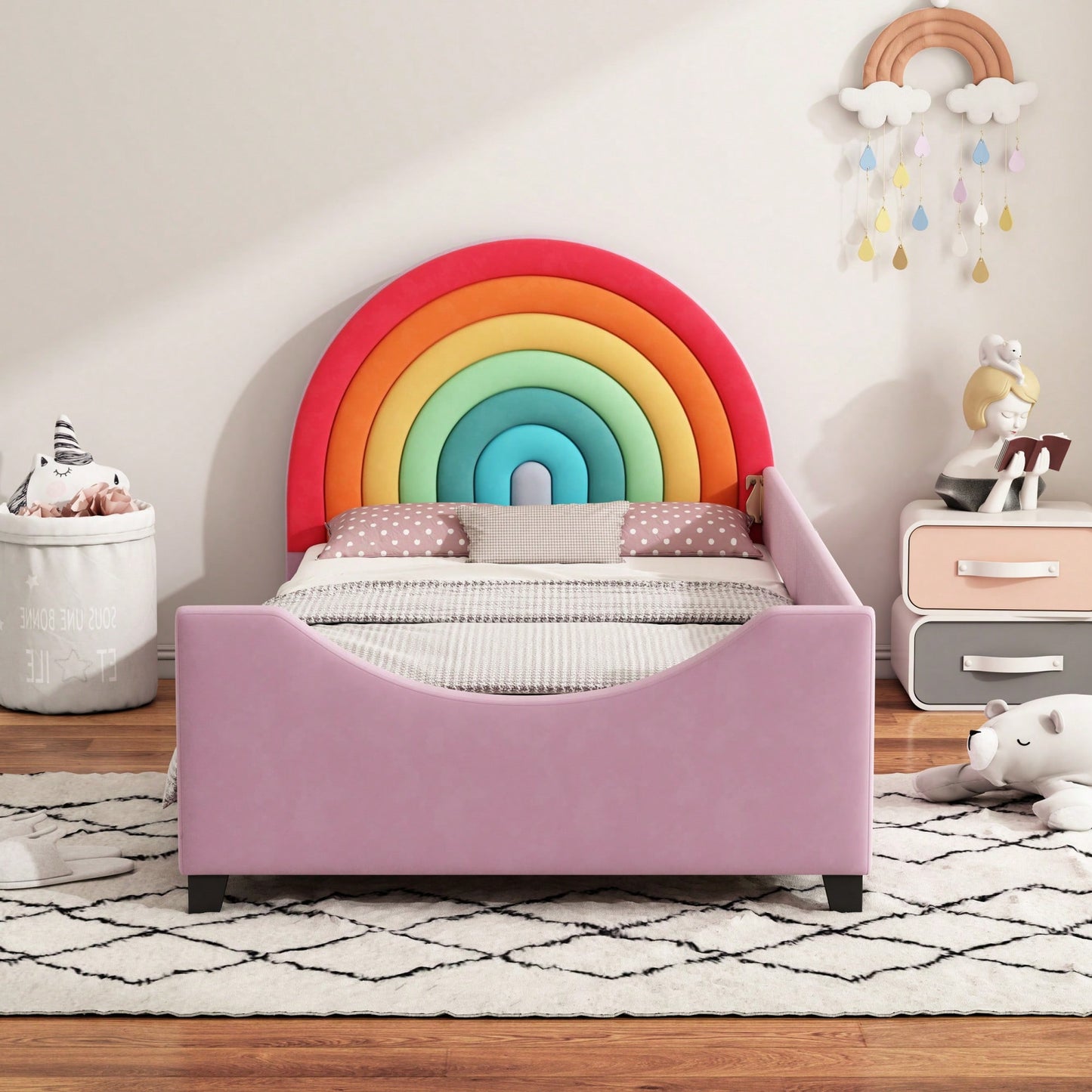 Colorful Rainbow Twin Daybed Low Profile Design Stylish Princess Bed For Kids And Teens