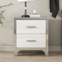 Sleek Black Mirrored Nightstand With Metal Handles And 2 Drawers For Bedroom And Living Room Storage