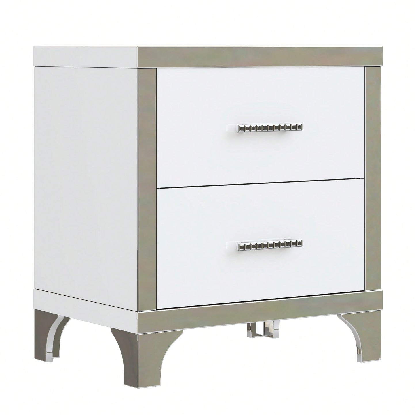 Sleek Black Mirrored Nightstand With Metal Handles And 2 Drawers For Bedroom And Living Room Storage