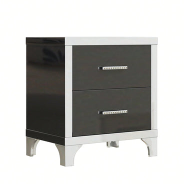 Sleek Black Mirrored Nightstand With Metal Handles And 2 Drawers For Bedroom And Living Room Storage