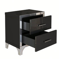 Sleek Black Mirrored Nightstand With Metal Handles And 2 Drawers For Bedroom And Living Room Storage