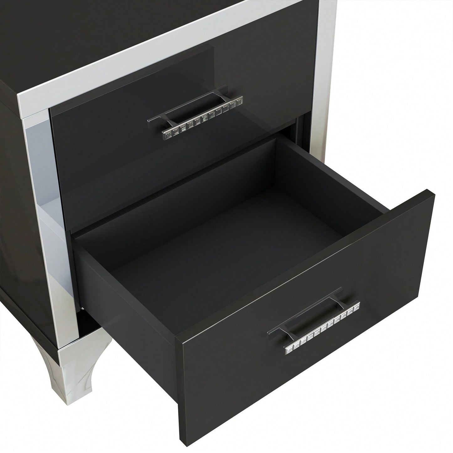 Sleek Black Mirrored Nightstand With Metal Handles And 2 Drawers For Bedroom And Living Room Storage