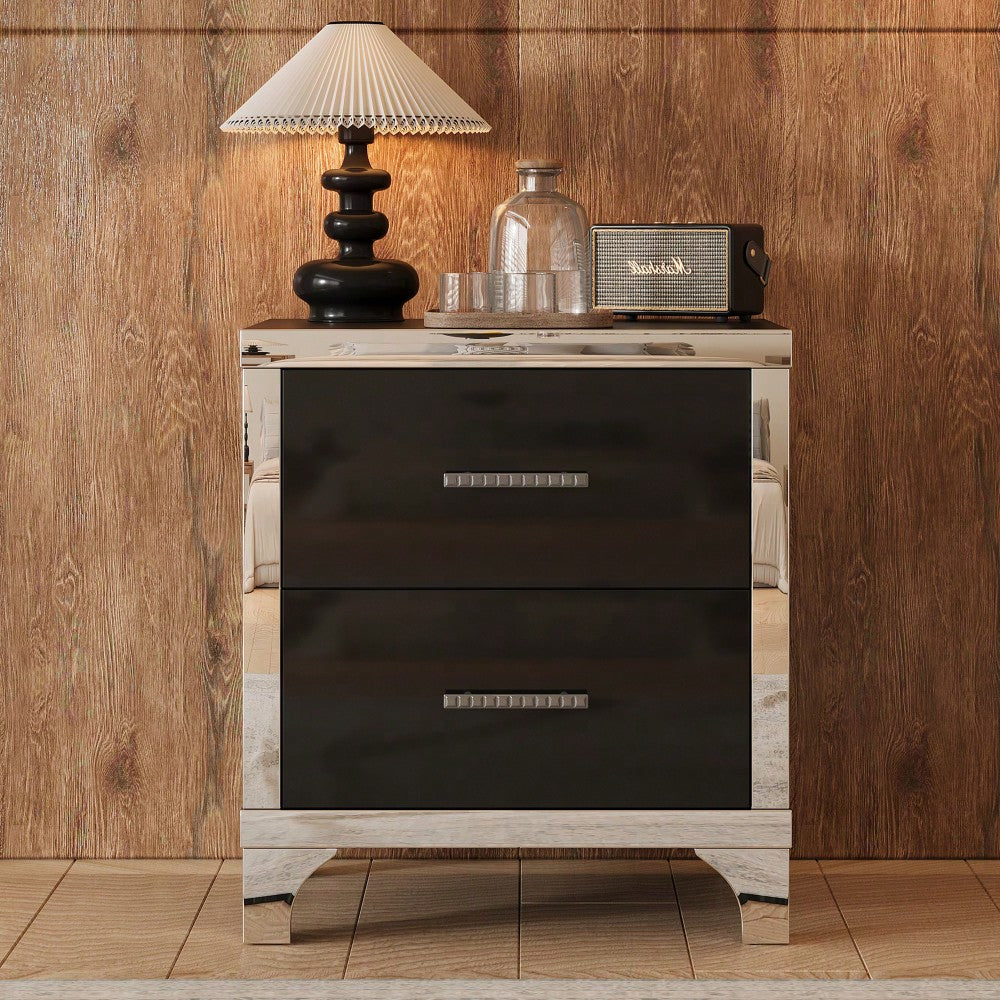 Sleek Black Mirrored Nightstand With Metal Handles And 2 Drawers For Bedroom And Living Room Storage