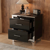 Sleek Black Mirrored Nightstand With Metal Handles And 2 Drawers For Bedroom And Living Room Storage