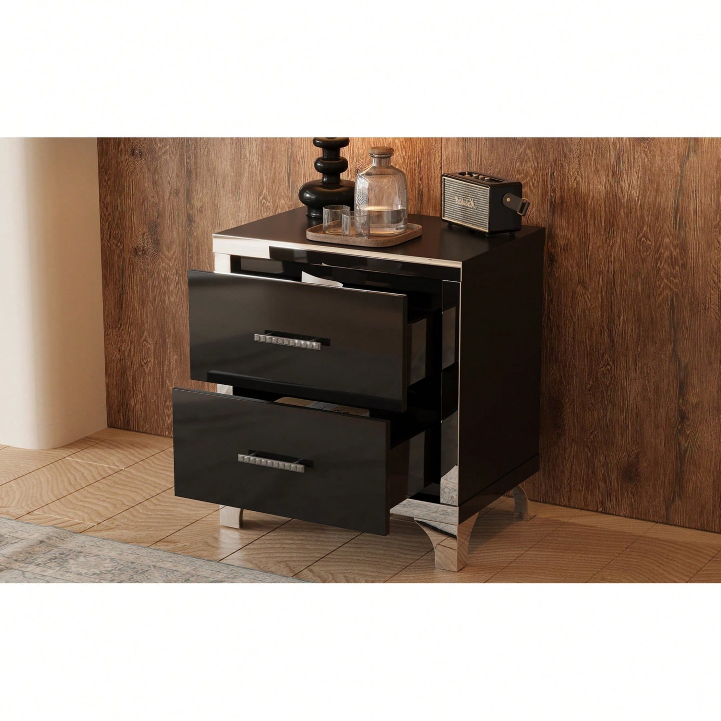 Sleek Black Mirrored Nightstand With Metal Handles And 2 Drawers For Bedroom And Living Room Storage