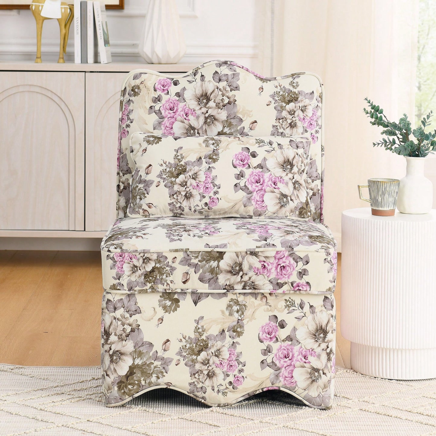 Soft Seat Flannel Dining Chair With Backrest And Matching Waist Pillow For Living Room - Pink