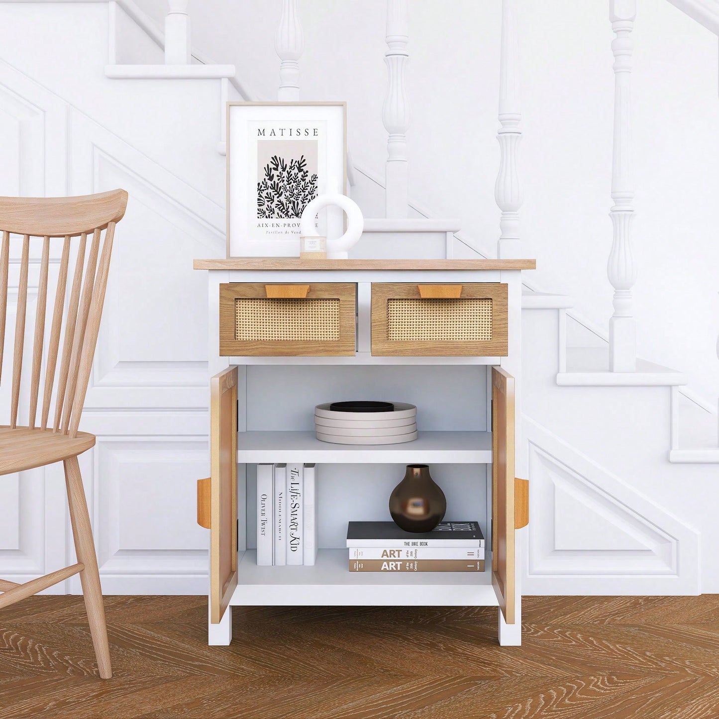 Hand-Carved Accent Cabinet With 2 Doors And 2 Drawers - Traditional Design With Interior Shelf For Stylish Storage