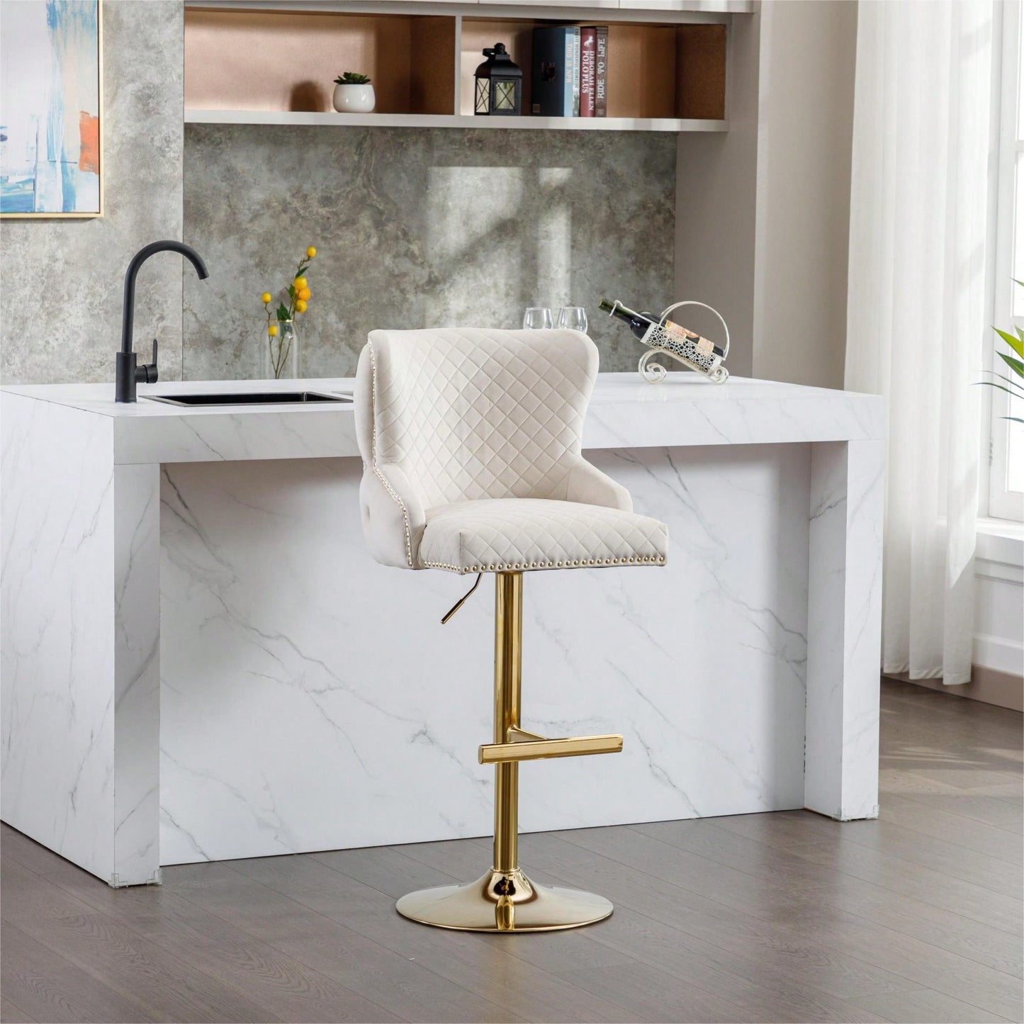 Adjustable Height Velvet Bar Stool With Diamond Lattice Back And Zipper Lion Head Detail