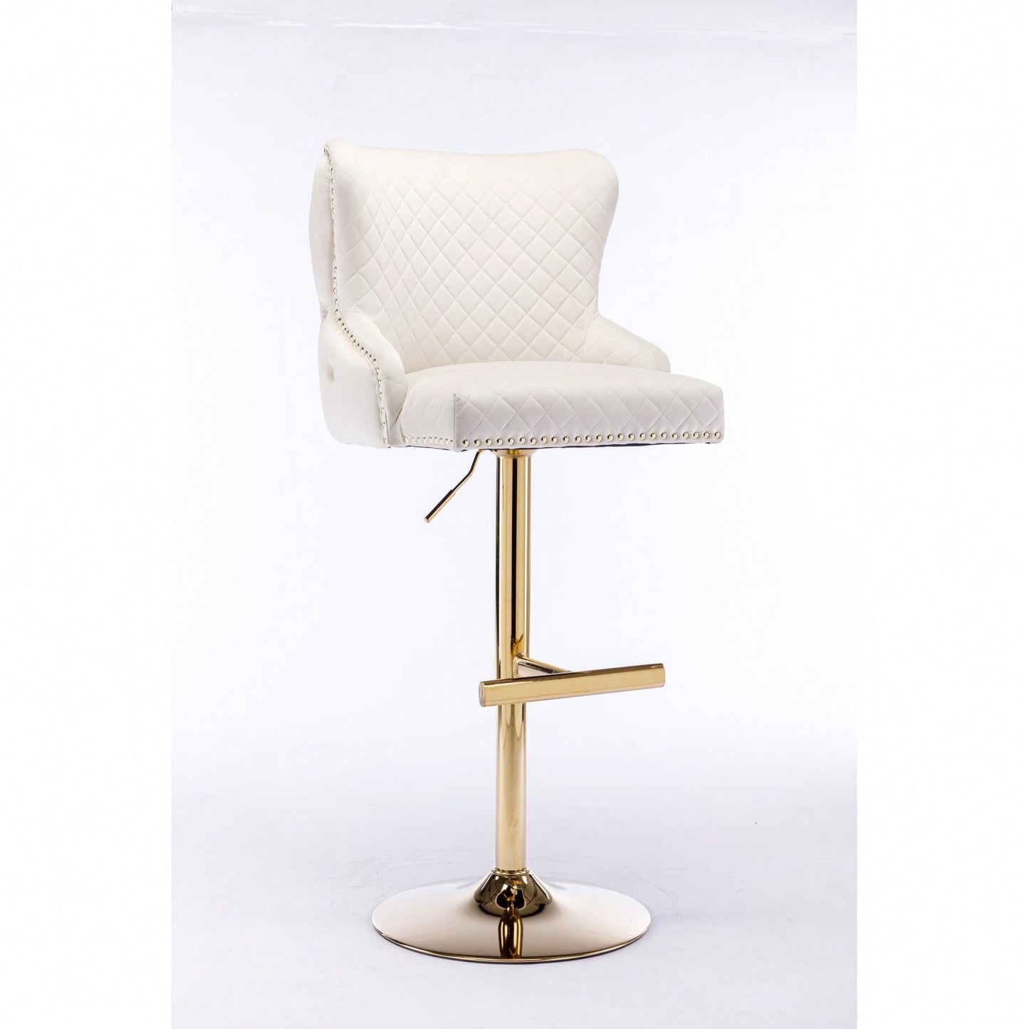 Adjustable Height Velvet Bar Stool With Diamond Lattice Back And Zipper Lion Head Detail