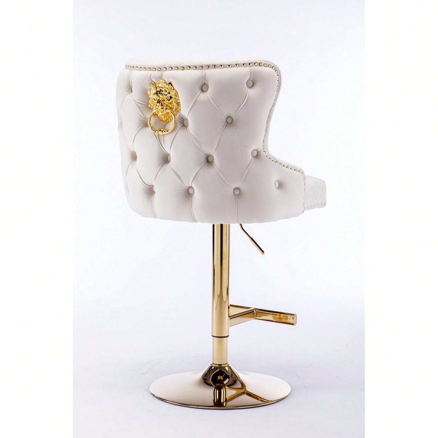 Adjustable Height Velvet Bar Stool With Diamond Lattice Back And Zipper Lion Head Detail