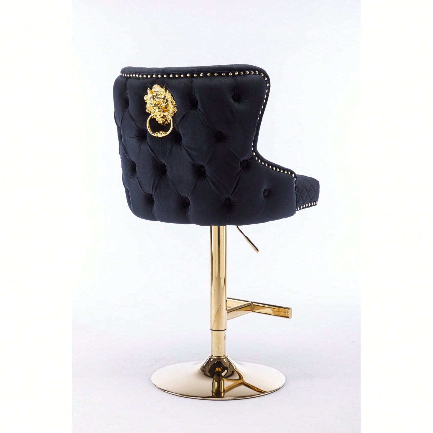 Adjustable Height Velvet Bar Stool With Diamond Lattice Back And Zipper Lion Head Detail