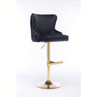 Adjustable Height Velvet Bar Stool With Diamond Lattice Back And Zipper Lion Head Detail