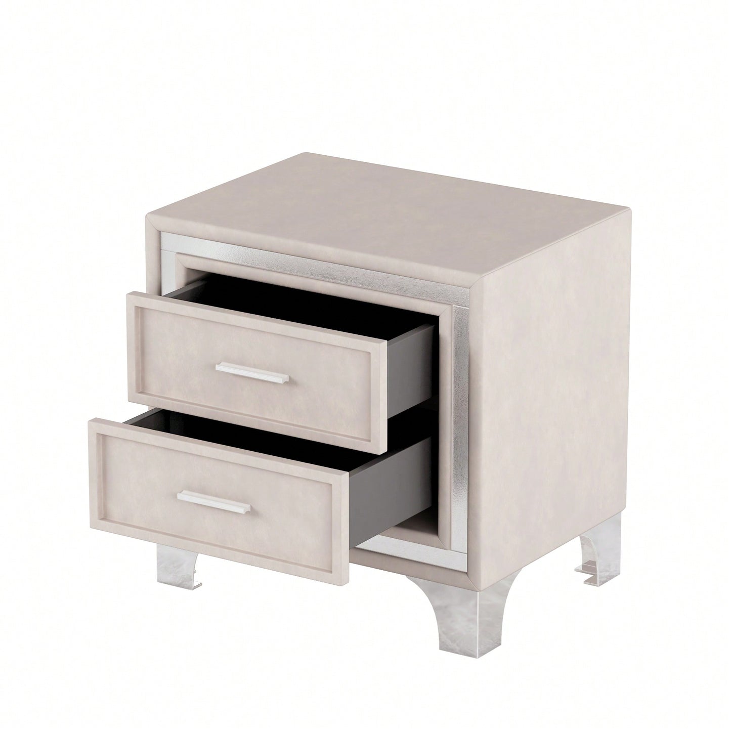 Mid Century Modern Velvet Nightstand With Metal Legs And 2 Drawers For Bedroom Storage In Beige