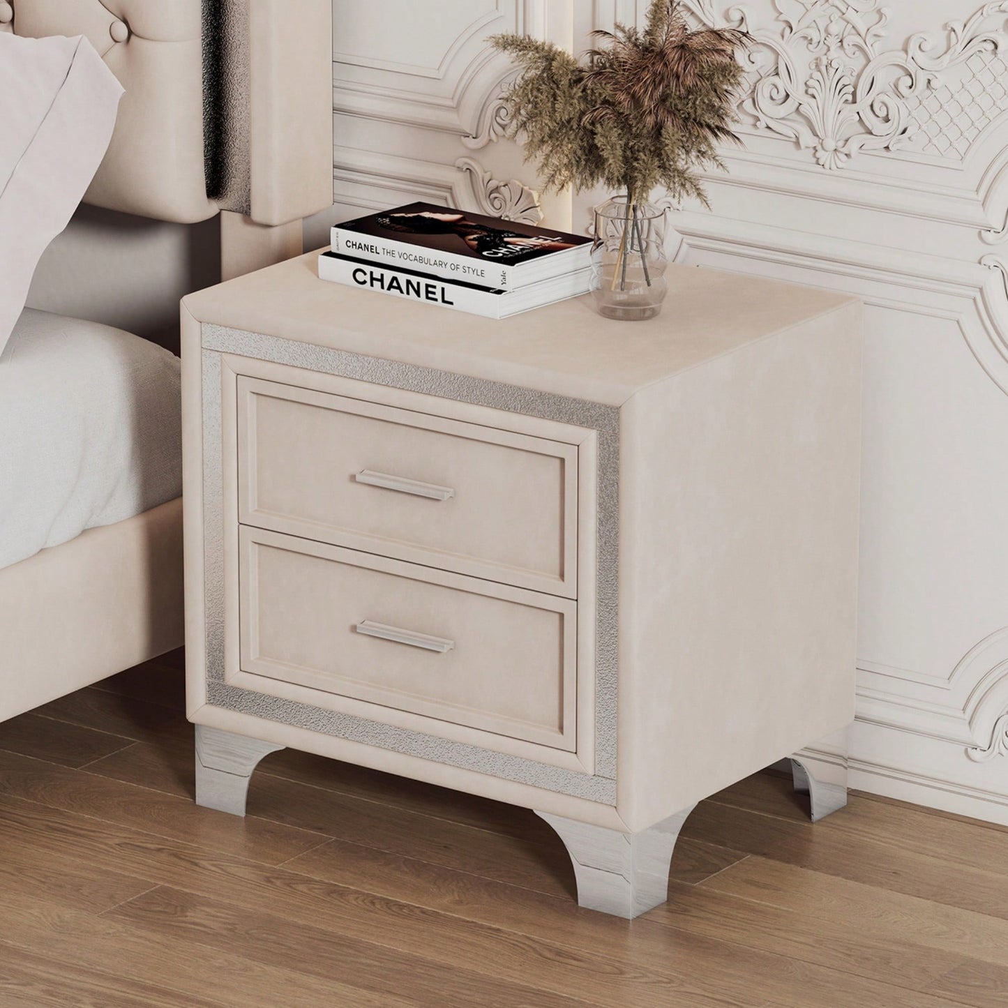 Mid Century Modern Velvet Nightstand With Metal Legs And 2 Drawers For Bedroom Storage In Beige