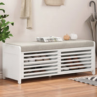 Distressed Shutter Storage Bench With Acacia Veneer For Retro Charm In Living Room And Entryway White