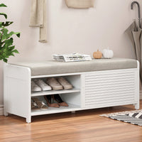 Distressed Shutter Storage Bench With Acacia Veneer For Retro Charm In Living Room And Entryway White