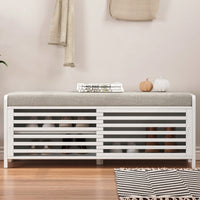 Distressed Shutter Storage Bench With Acacia Veneer For Retro Charm In Living Room And Entryway White